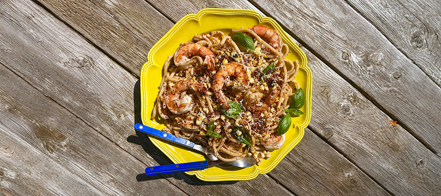 Grilled Shrimp, Corn & Basil Bucatini with Toasted Breadcrumbs