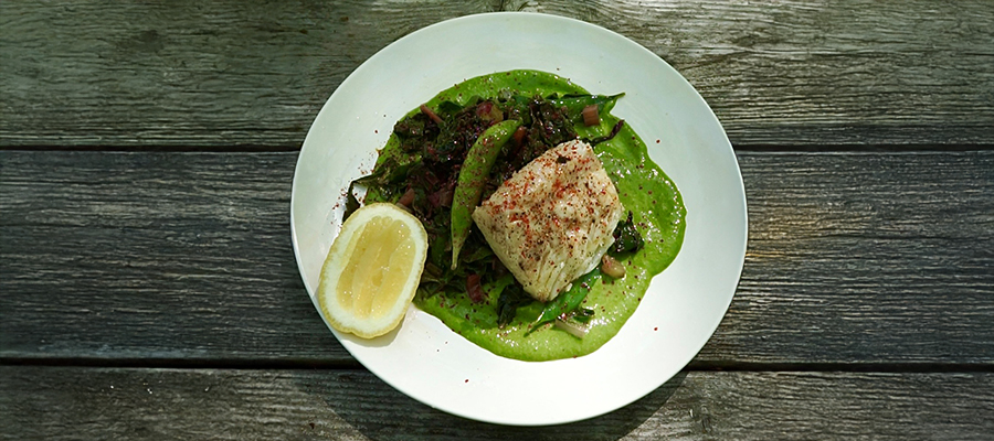 Seared Cod and Spring Greens over Ramp Pesto